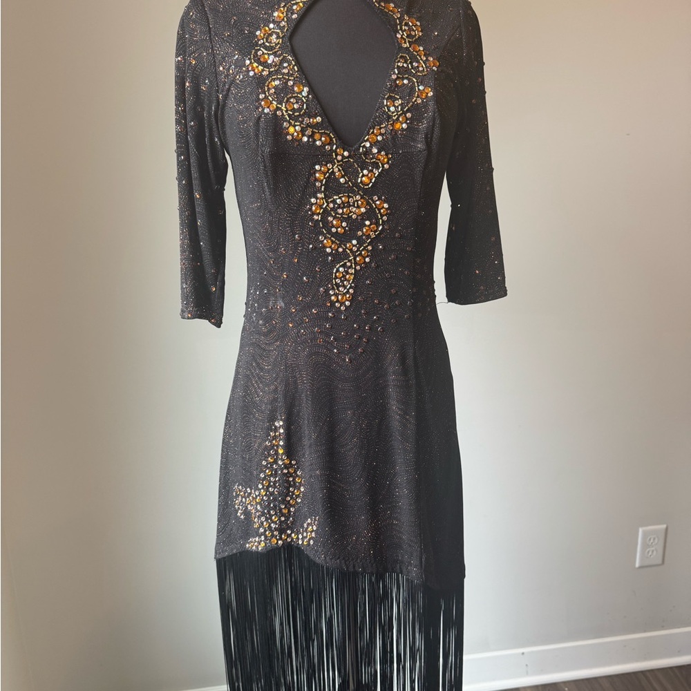 Rhythm Latin Dance Black and orange Asymmetrical fringe Dress